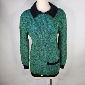 Vintage 70s 80s Neon Green Blue Collared Womens Medium Soft Cozy Sweater